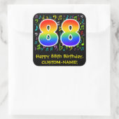 88. Geburtstag: Farbige Musiksymbole, Regenbogen 8 Quadratischer Aufkleber (Tasche)