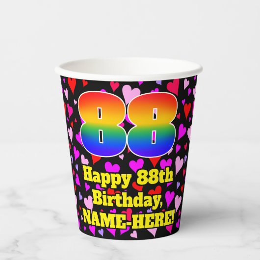 88. Geburtstag: Loving Hearts Pattern, Regenbogen Pappbecher (Vorderseite)