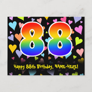 88. Geburtstag: Lustiges Herzen-Muster, Regenbogen Postkarte