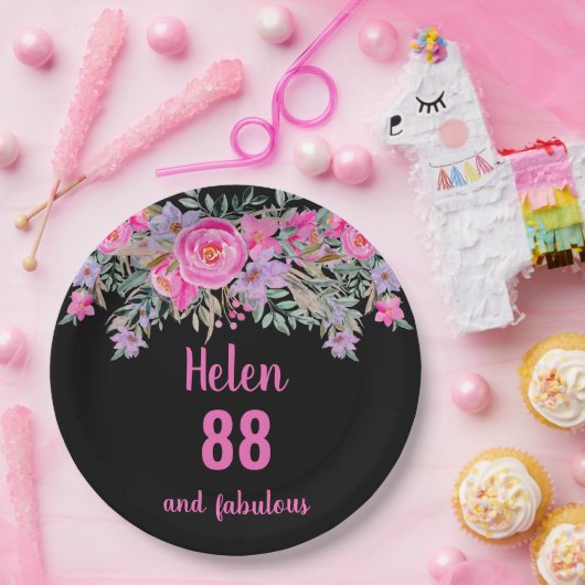 88. Geburtstag pink schwarz Aquarellblume Pappteller (Party)