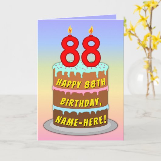 88th Birthday — Fun Cake & Candles, w/ Custom Name Karte (Gelbe Blume)