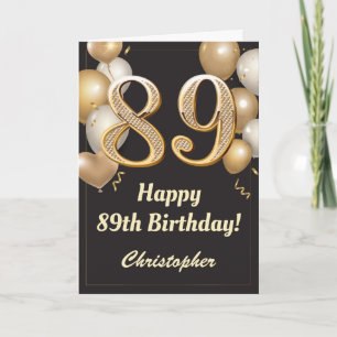 89. Geburtstag Black and Gold Balloons Confetti Karte