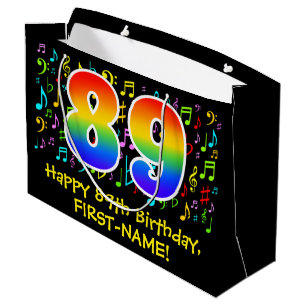 89. Geburtstag - Farbige Musiksymbole, Regenbogen Große Geschenktüte