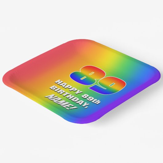 89. Geburtstag: Farbiges, lustiges Regenbogenmuste Pappteller (Gewinkelt)