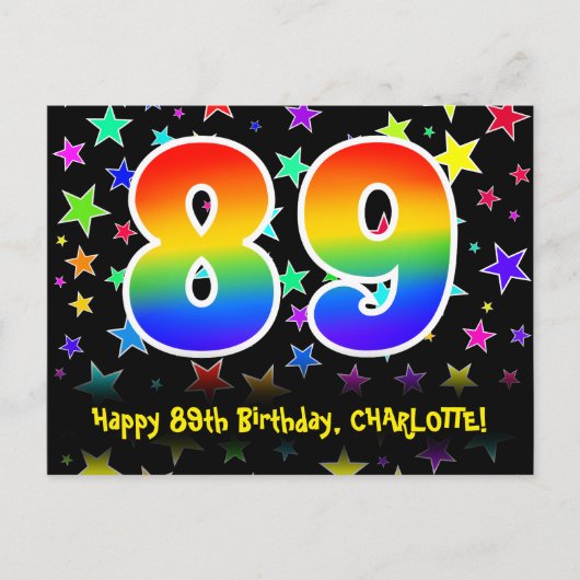 89. Geburtstag: Fun Stars Muster, Regenbogen 89, N Postkarte (Vorderseite)