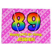 89. Geburtstag: Rosa Streifen & Herz, Regenbogen # Große Geschenktüte (Rückseite)