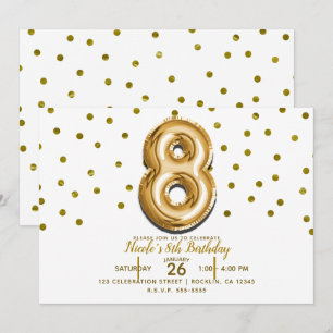 8 Acht Gold Ballon Confetti 8. Geburtstagsparty Einladung