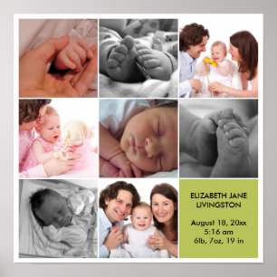 8-Baby-Foto, moderne Collage, grüne, weiße Grenze Poster