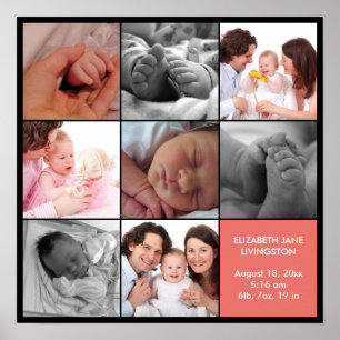 8-Baby-Foto moderne Collage rosa schwarze Grenze Poster