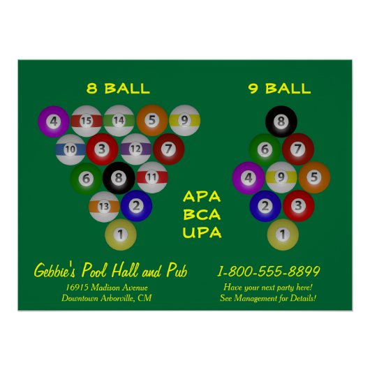 8 Ball 9 Ball Rack Billiard Room Poster (Vorderseite)