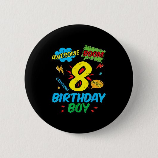 8 Birthday Boy Comic Cool 8th Bday Superhero Party Button (Vorderseite)
