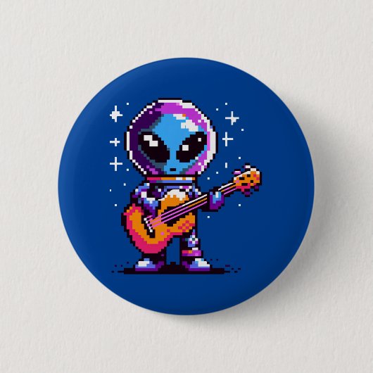 8-Bit-Alien-Gitarrist - Retro Pixel Space Music Button (Vorderseite)