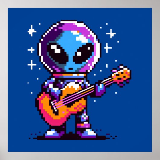 8-Bit-Alien-Gitarrist - Retro Pixel Space Music Poster (Vorne)