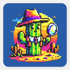 8-Bit Cactus Detective - Retro Pixel Mystery Quadratischer Aufkleber