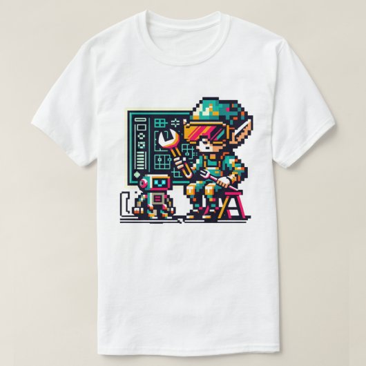 8-Bit Cyberpunk Elf & Robot Retro Pixel Art Design T-Shirt (Design vorne)