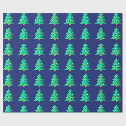 8 Bit Grüner Weihnachtsbaum mit blauem Hintergrund Geschenkpapier (Flach)