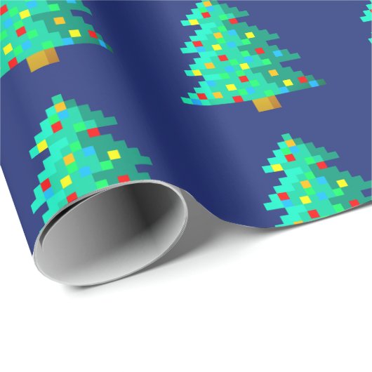 8 Bit Grüner Weihnachtsbaum mit blauem Hintergrund Geschenkpapier (Rolleneckpunkt)