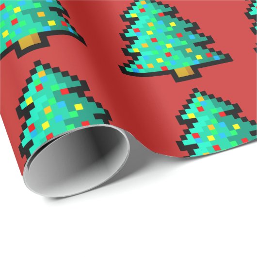 8 Bit Grüner Weihnachtsbaum mit rotem Hintergrund Geschenkpapier (Rolleneckpunkt)