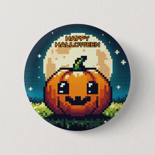 8-Bit-Halloween-Kürbis unter dem Mond Button (Vorderseite)