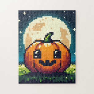 8-Bit-Halloween-Kürbis unter dem Mond Puzzle