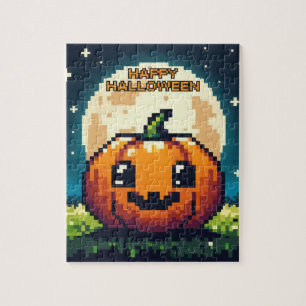 8-Bit-Halloween-Kürbis unter dem Mond Puzzle
