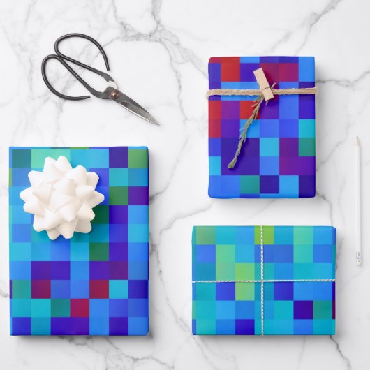 8-Bit Pixel Muster Abstrakt Cool Geeky Blue Red Geschenkpapier Set (Vorderseite)