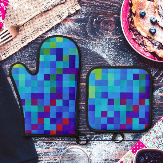 8-Bit Pixel Muster Abstrakt Cool Geeky Blue Red Ofenhandschuh & Topflappen-Set