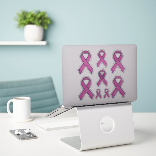 8 Chrome Style Print Pink Ribbon Bewusstsein Aufkleber (Laptop auf Schreibtisch)