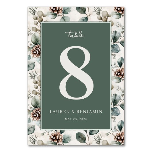 "8" Elegant Grün Floral Tischnummer (Vorderseite)