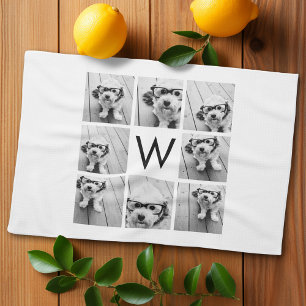 8 Foto Collage Custom Monogramm Schwarz und Weiß Handtuch