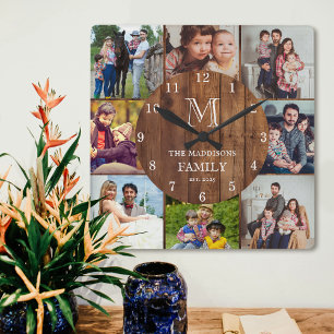 8-Foto-Collage Familienmonogramm & Name Rustikales Quadratische Wanduhr