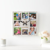 8 Foto Collage Family Zitat Naturholz Monogramm Quadratische Wanduhr (Zuhause)