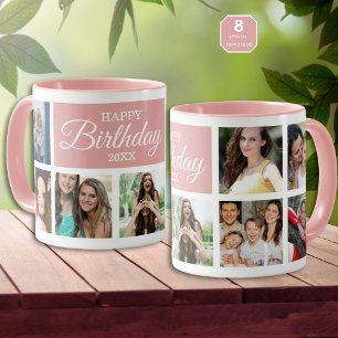 8 Foto Collage Happy Birthday Pink Tasse