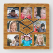 8 Foto Collage Holzfarbe Quadratische Wanduhr (Vorderseite)