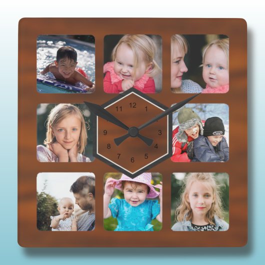 8 Foto Collage Holzmuster Quadratische Wanduhr