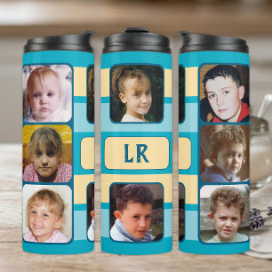 8 Foto-Collage Initialen Blau Beige Thermosbecher