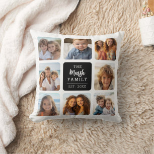 8-Foto-Collage mit Familienname in der Mitte - Sch Kissen