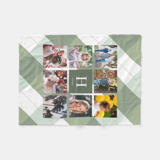 8 Foto Collage Monogram Sage Green Gingham Kariert Fleecedecke (Vorderseite (Horizontal))