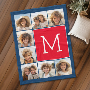8-Foto-Collage-Monogramm - Blau und Rot Fleecedecke