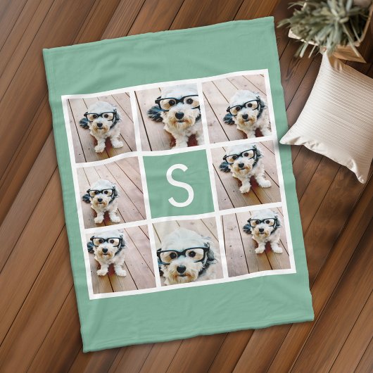 8 Foto Collage Single Monogram - Minze grün Fleecedecke