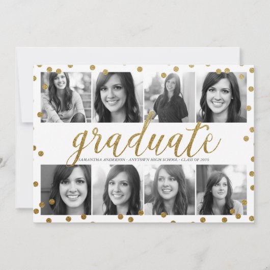 8 Foto Gold Glitzer Look Abschluss Einladung (Vorderseite)