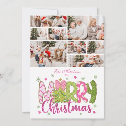 8 Foto Rosa grüner Bow Tree Frohe Weihnachten (Vorderseite)