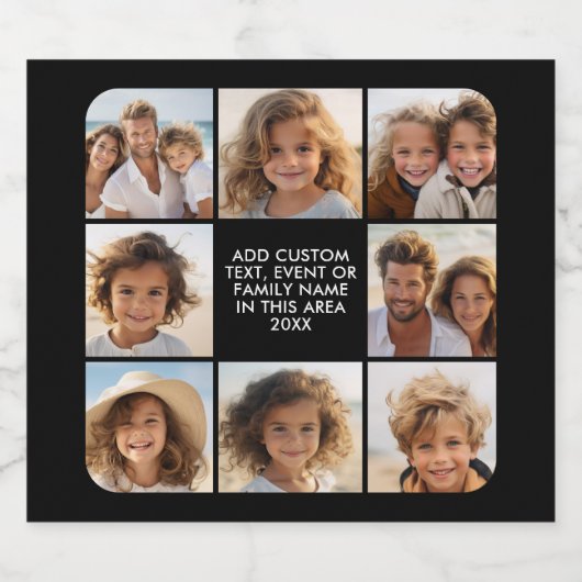 8 FotoCollage - Benutzerdefinierter Text - Schwarz Bierflaschenetikett (Einzelnes Label)