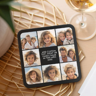 8 FotoCollage - Benutzerdefinierter Text - Schwarz Rechteckiger Pappuntersetzer