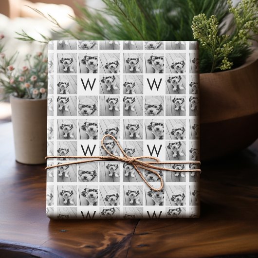 8 FotoCollage Custom Monogram Black and White Geschenkpapier
