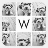 8 FotoCollage Custom Monogram Black and White Quadratischer Aufkleber (Vorderseite)