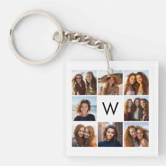 8 FotoCollage Custom Monogram Black and White Schlüsselanhänger (Vorderseite)