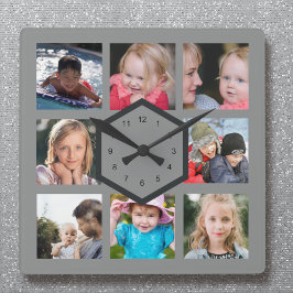 8 FotoCollage Grau Square Wall Clock Quadratische Wanduhr