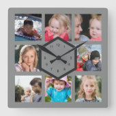 8 FotoCollage Grau Square Wall Clock Quadratische Wanduhr (Vorderseite)