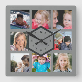 8 FotoCollage Grau Square Wall Clock Quadratische Wanduhr